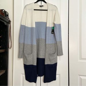 NWT A.N.A. NEW APPROACH LONG BLUE, GRAY & CREAM COLORBLOCK LONG SLEEVE CARDIGAN